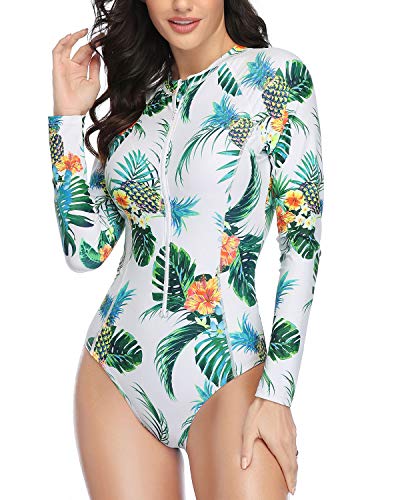 Upf 50+ One Piece Women's Rash Guard Built-In Bra-White Pineapple