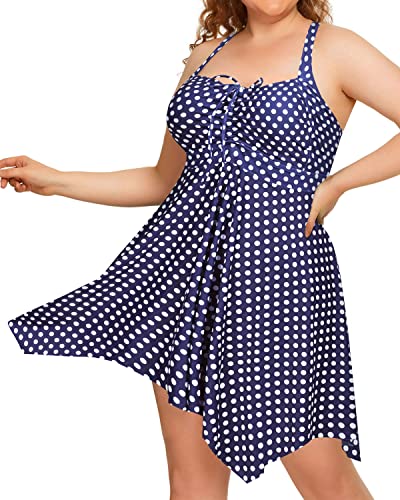 Stylish And Comfortable Plus Size Two Piece Swimdress Boyshorts For Women-Blue Dot