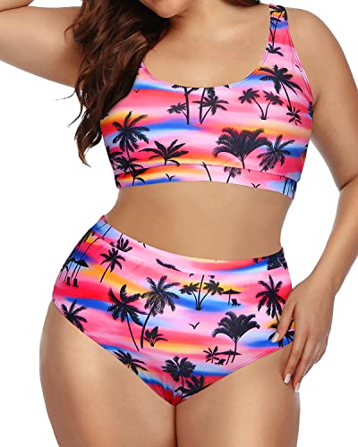 Attractive Plus Size 2 Piece Swimsuit Sports Bra Tank Top-Light Pink Palm Tree
