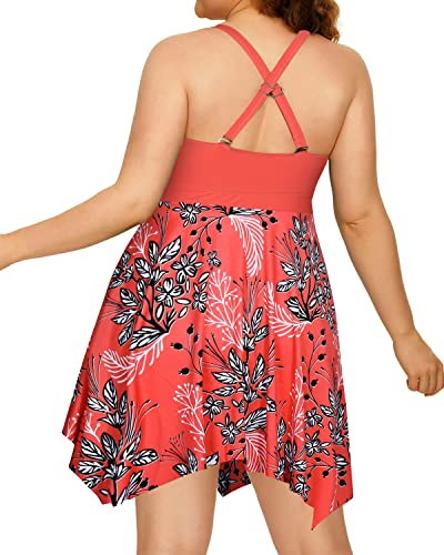 Elegant Skirted Tummy Control Two Piece Swimdress Boyshorts For Women-Pink Flower