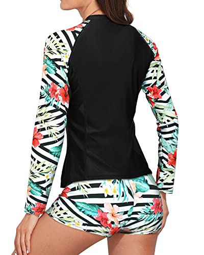 Long Sleeve Rash Guard Swimsuit Boy Shorts For Women-Black And Striped Leaves