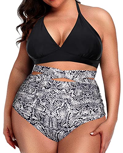 Chic And Flattering Knotted High Waisted Plus Size Bikini Set-Black And White Snake Print