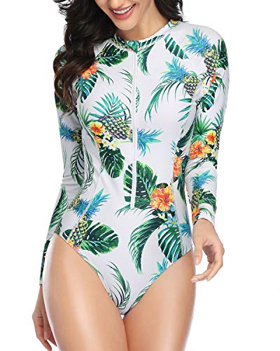 Upf 50+ One Piece Women's Rash Guard Built-In Bra-White Pineapple