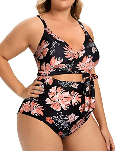 High Waisted Tummy Control Cutout Open Back Plus Size One Piece Swimsuits-Black Orange Floral