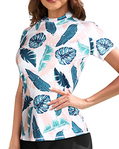 Sun Protection Women's Swimwear Top Short Sleeve Rashguard Top Swim Shirt-Blue And Pink Leaf