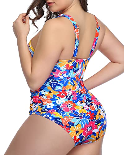 Keyhole Design One Piece Bathing Suits For Women-Blue Floral