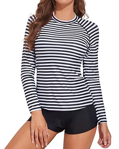 Comfortable Upf 50+ Womens Rash Guard Bathing Suit-Black And White Stripe