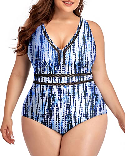 Padded Push Up Bra One Piece Swimsuits For Women Plus Size-Blue Tie Dye