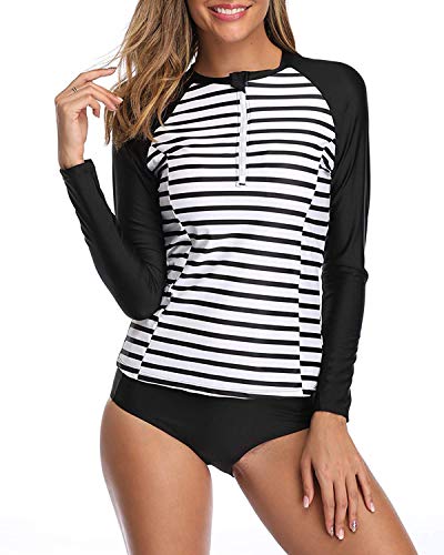 Women's Two Piece Zipper Rash Guard Set-Black And White Stripe