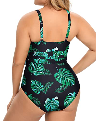Feminine Cut-Out Design Plus Size One Piece Swimsuits-Black And Green Leaf