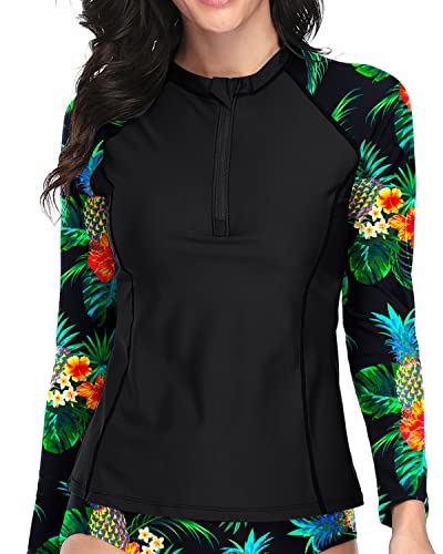 Tight Fit Moisture Wicking Long Sleeve Rashguard Swim Shirt For Women-Pineapple