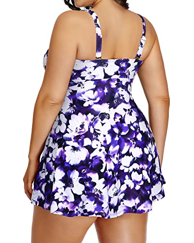 Coverage-Providing Plus Size Swim Dress Tummy Control Shorts-Blue Floral