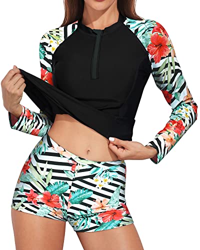 Long Sleeve Rash Guard Swimsuit Boy Shorts For Women-Black And Striped Leaves