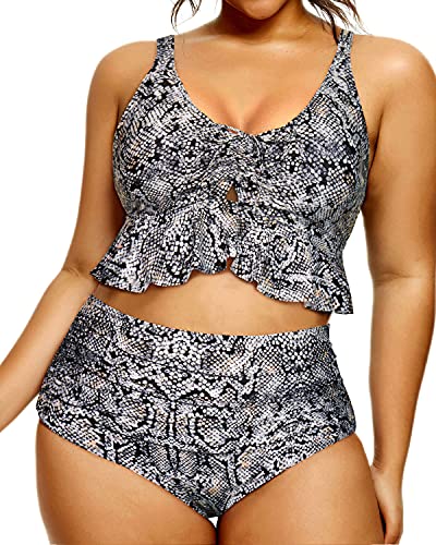 Chic Flounce Hemline Bikini Set For Curvy Women-Orange Snake Print