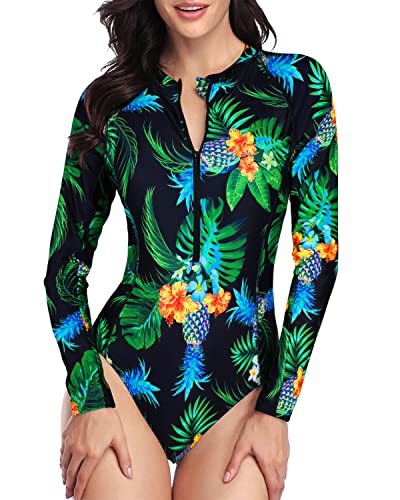 Upf 50+ Women's Zipper Front Long Sleeve Rash Guard Swimsuit-Black Pineapple