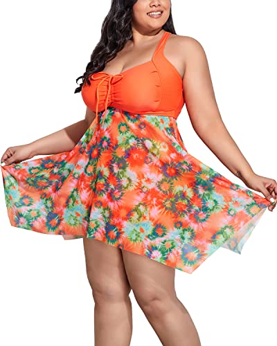 Mesh Tankini Swim Dress Boyshorts For Plus Size Women-Orange