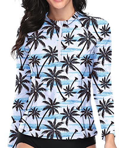Abraision-Resistant Long Sleeve Rashguard Swim Shirt For Women-Black Palm Tree