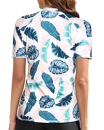 Sun Protection Women's Swimwear Top Short Sleeve Rashguard Top Swim Shirt-Blue And Pink Leaf