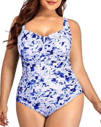Flattering High Cut Retro Swimwear For Plus Size Ladies-Blue Tie Dye