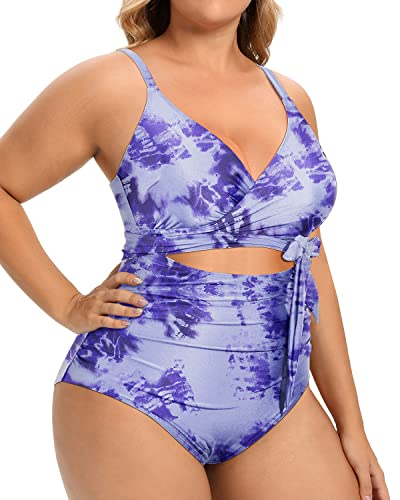 Sexy Cutout High Waisted Tummy Control One Piece Swimsuits-Blue Tie Dye