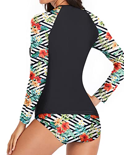 Long Sleeve Rashguard And Shorts Bathing Suit For Women-Black And Striped Leaves