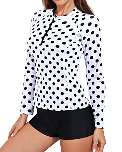 Women's 2 Piece Long Sleeve Rash Guard Bathing Suit Zipper-Black Dot