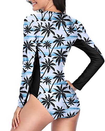 Women's Stand-Up Paddling Rash Guard Long Sleeve Swimsuit-Black Palm Tree