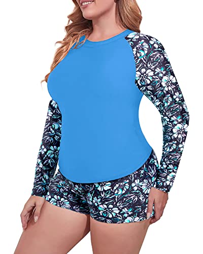Long Sleeve Plus Size Rash Guard Swim Shirts Top Boy Short-Blue Flower On Black