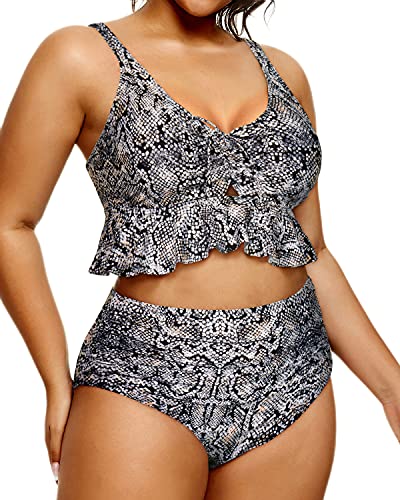 Chic Flounce Hemline Bikini Set For Curvy Women-Orange Snake Print