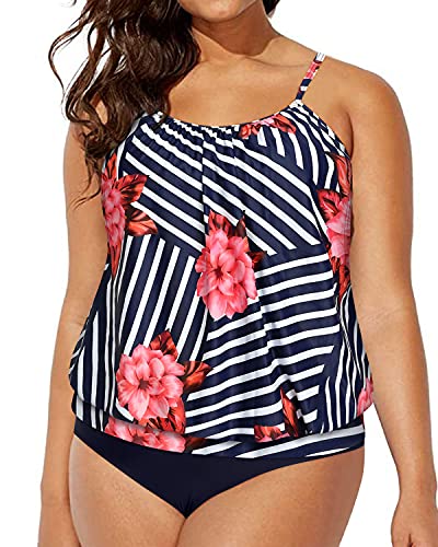 Women's Deep Cut Sides Athletic Plus Size Tankini Swimsuits-Navy Blue And Red Fl