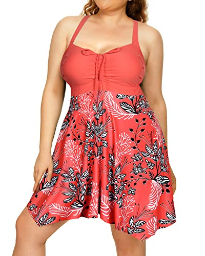 Elegant Skirted Tummy Control Two Piece Swimdress Boyshorts For Women-Pink Flower