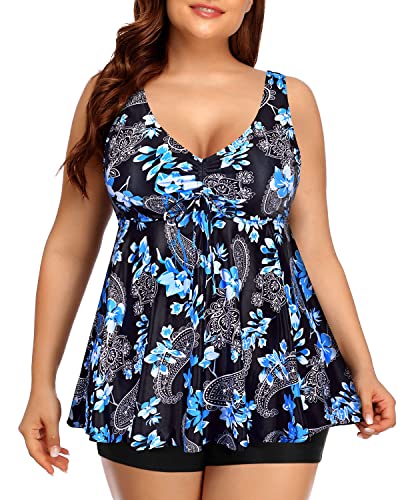 Retro Two Piece Swimsuit Boy Leg Shorts For Plus Size Women-Black Floral