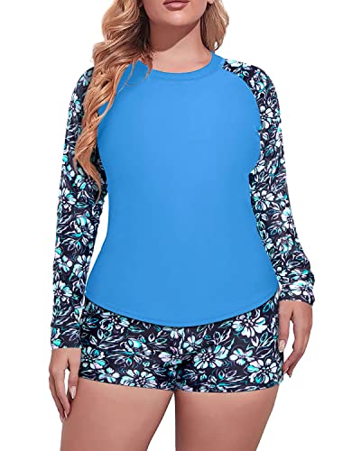 Long Sleeve Plus Size Rash Guard Swim Shirts Top Boy Short-Blue Flower On Black