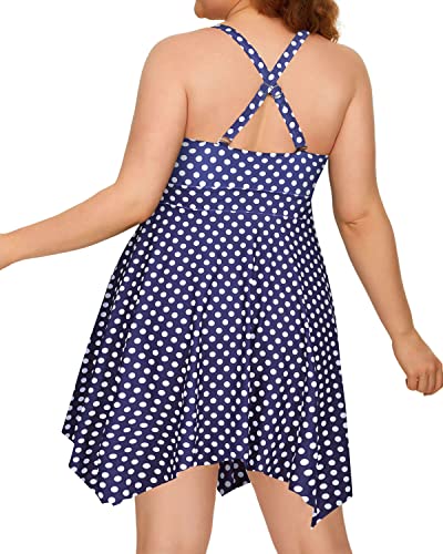 Stylish And Comfortable Plus Size Two Piece Swimdress Boyshorts For Women-Blue Dot