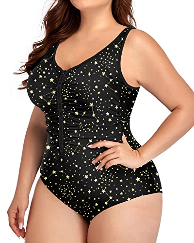 Ruched Tummy Control Zip Front Plus Size One Piece Swimsuit-Gold Stars