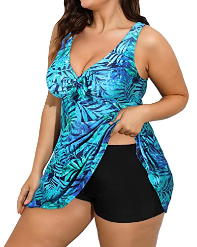 Flattering Plus Size Two Piece Bathing Suit Flowy Hem And Boyshort-Dark Blue Green Leaves