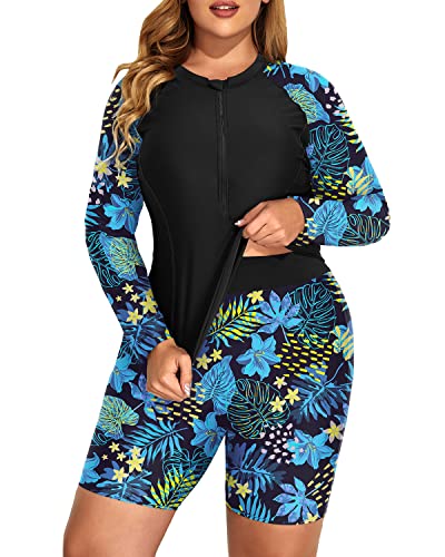 Athletic Zip Front Rash Guard Tankini Boy Shorts For Women-Blue Leaf