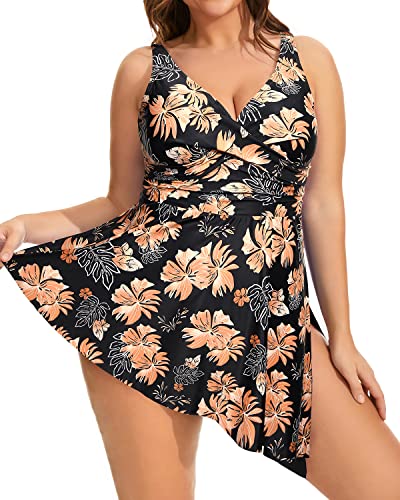 Women's Asymmetrical Hem Swim Dress Built-In Shorts-Orange Flower