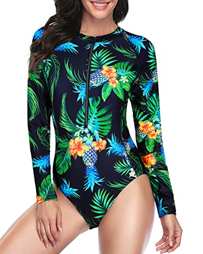 Upf 50+ Women's Zipper Front Long Sleeve Rash Guard Swimsuit-Black Pineapple