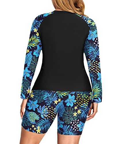 Athletic Zip Front Rash Guard Tankini Boy Shorts For Women-Blue Leaf