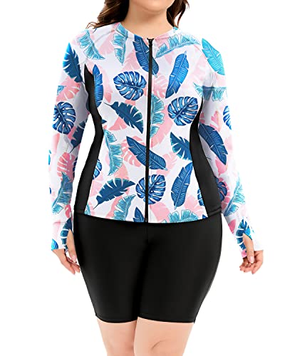 Women's Plus Size Rash Guard Swimwear Full-Zip Closure-White Leaf – Daci