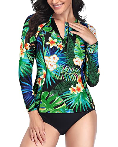 Two Piece Women's Bathing Suit Long Sleeve Rash Guard-Tropical Leaf