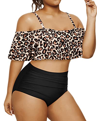 Slimming And Charming Plus Size Ruffle Bikini Set For Women-Black And Leopard